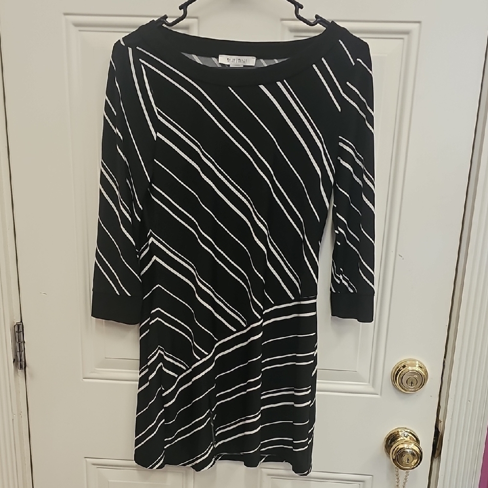 Stripe, Dress, Chic, Black, Office, Baggy, Sheer, Casual, White, Long Sleeve,
